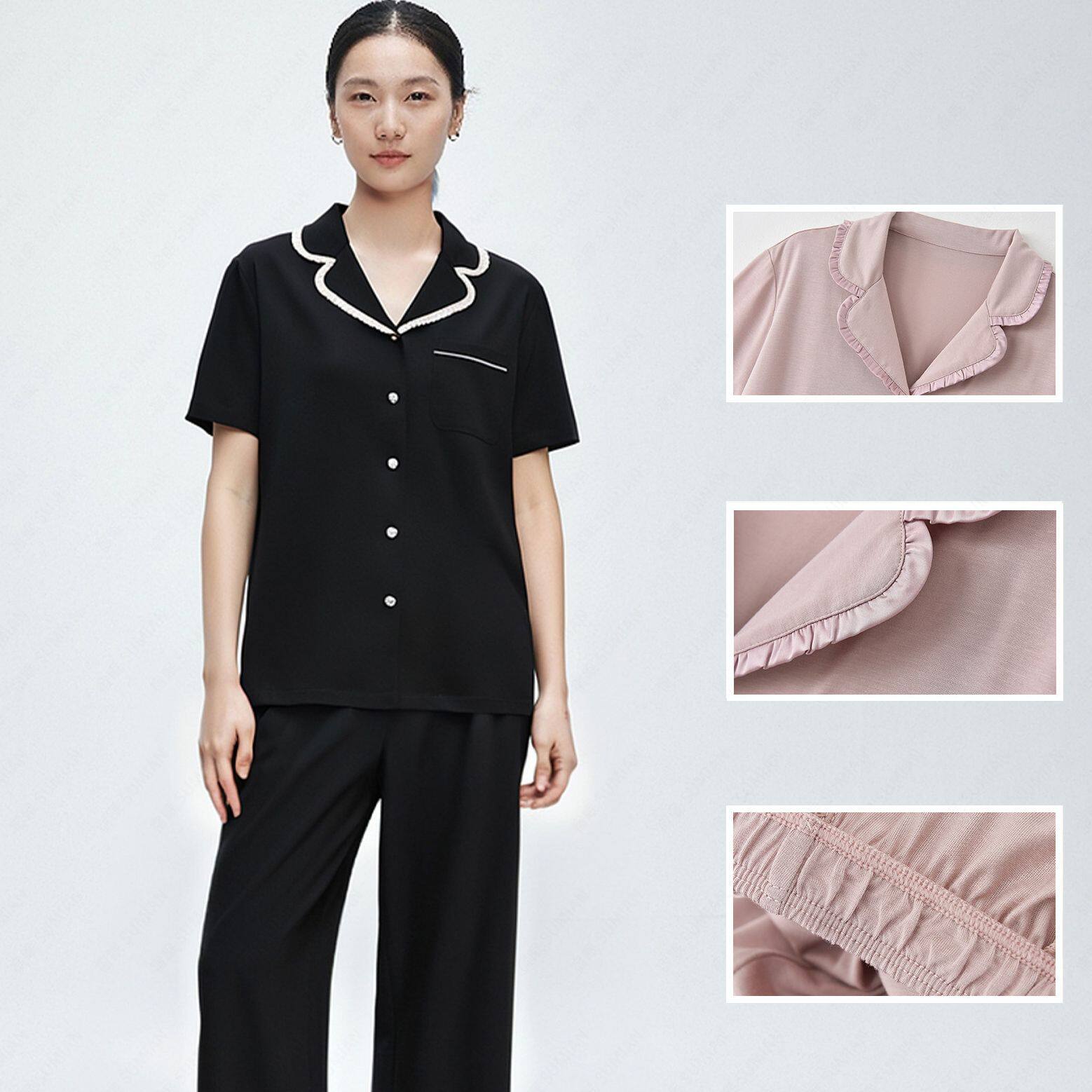 春夏女士半袖翻领睡衣套装时尚轻奢荷叶边短袖长裤开衫家居服