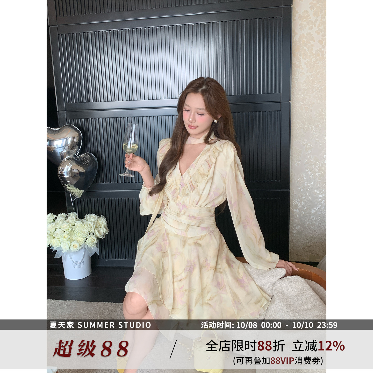 夏天家碎花飘带收腰连衣裙仙女