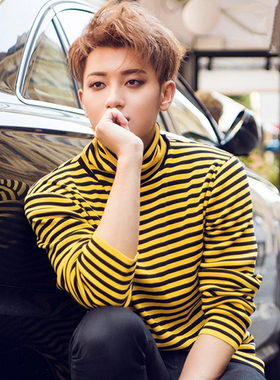 秋冬韩版修身长袖T恤exo同款高领条纹打底衫黄色休闲男情侣装上衣