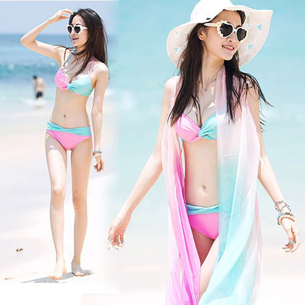 三奇新款泳衣 女bikini钢托小胸聚拢性感披沙温泉泳装女梦幻粉色