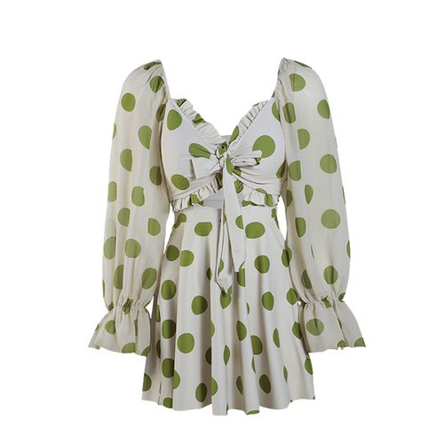 大波点长袖款品ins韩国泳装小胸聚拢裙式连体显瘦遮肚母女游泳衣