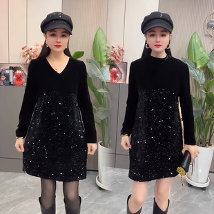 2025年秋季新款连衣裙韩版气质名媛风赫本高龄中长款亮片女A字裙