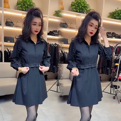 2025冬季新款衬衫裙女收腰显瘦减龄翻领长袖连衣裙黑色百搭中长款