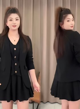 女装v领宽松时尚百搭胖mm显瘦外套上衣百褶裙套装两件套
