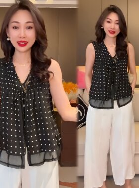 韩版黑色波点无袖上衣阔腿裤套装女2026夏季设计感气质小众两件套