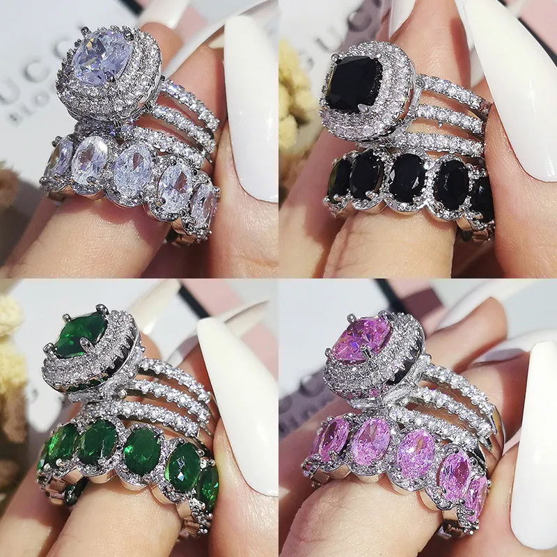 新品潮流电商爆款 彩宝素圈套戒结婚戒指女组合戒高级感祖母绿
