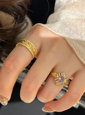 法式中古穗穗平安排钻戒指女轻奢精致时尚百搭小众气质高级感指环