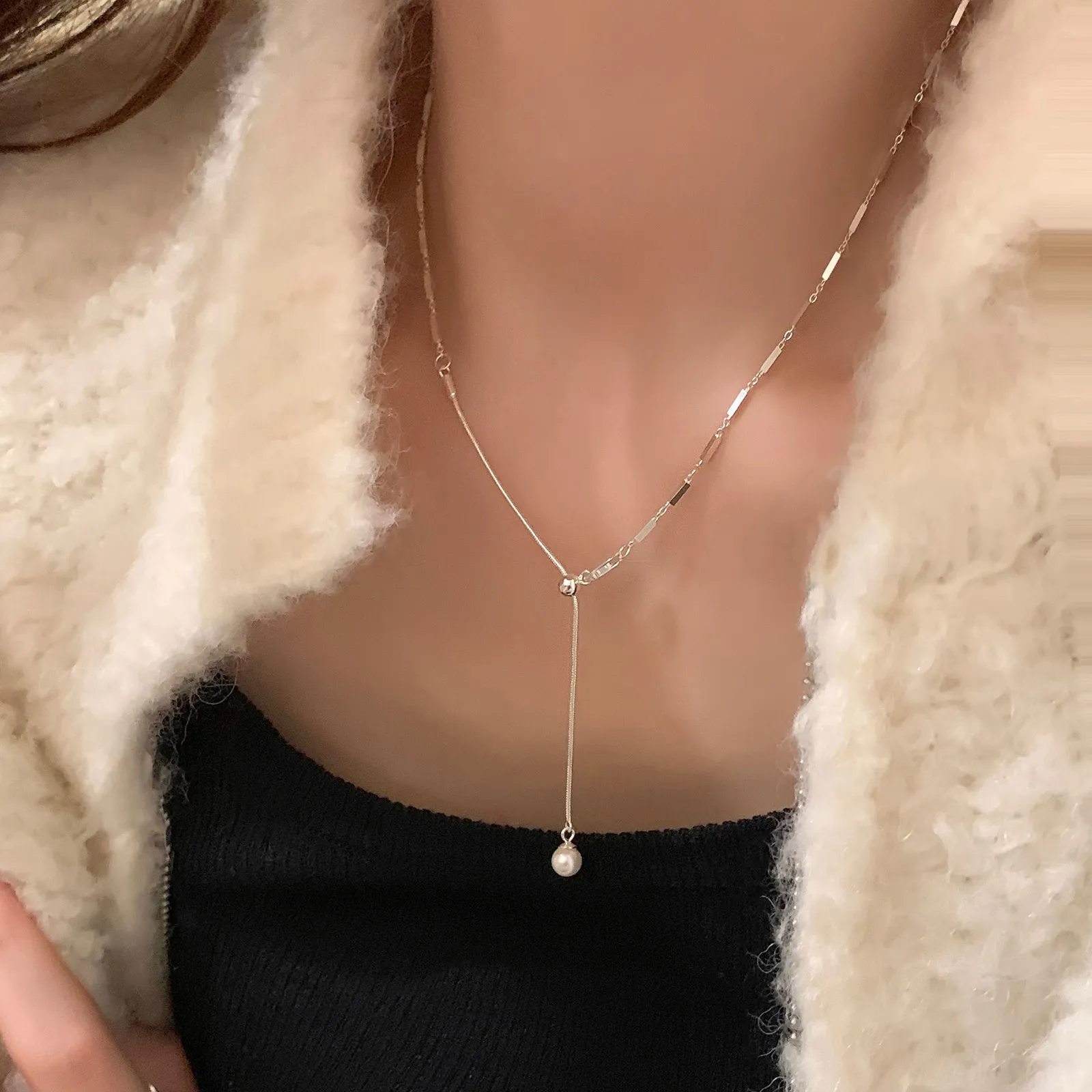 日韩风超闪银砖多戴项链女抽拉新款简约百搭小众高级感锁骨链女