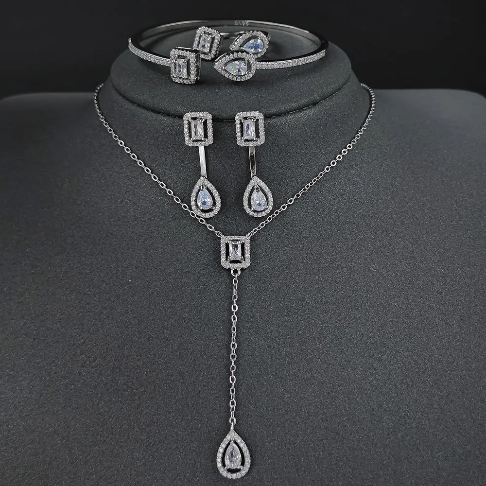 跨境jewelry set长款锆石耳环戒指项链首饰四件套装热卖J6177