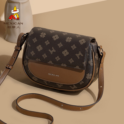 稻草人新款马鞍包小众设计复古时尚单肩斜挎小包女士老花质感包包