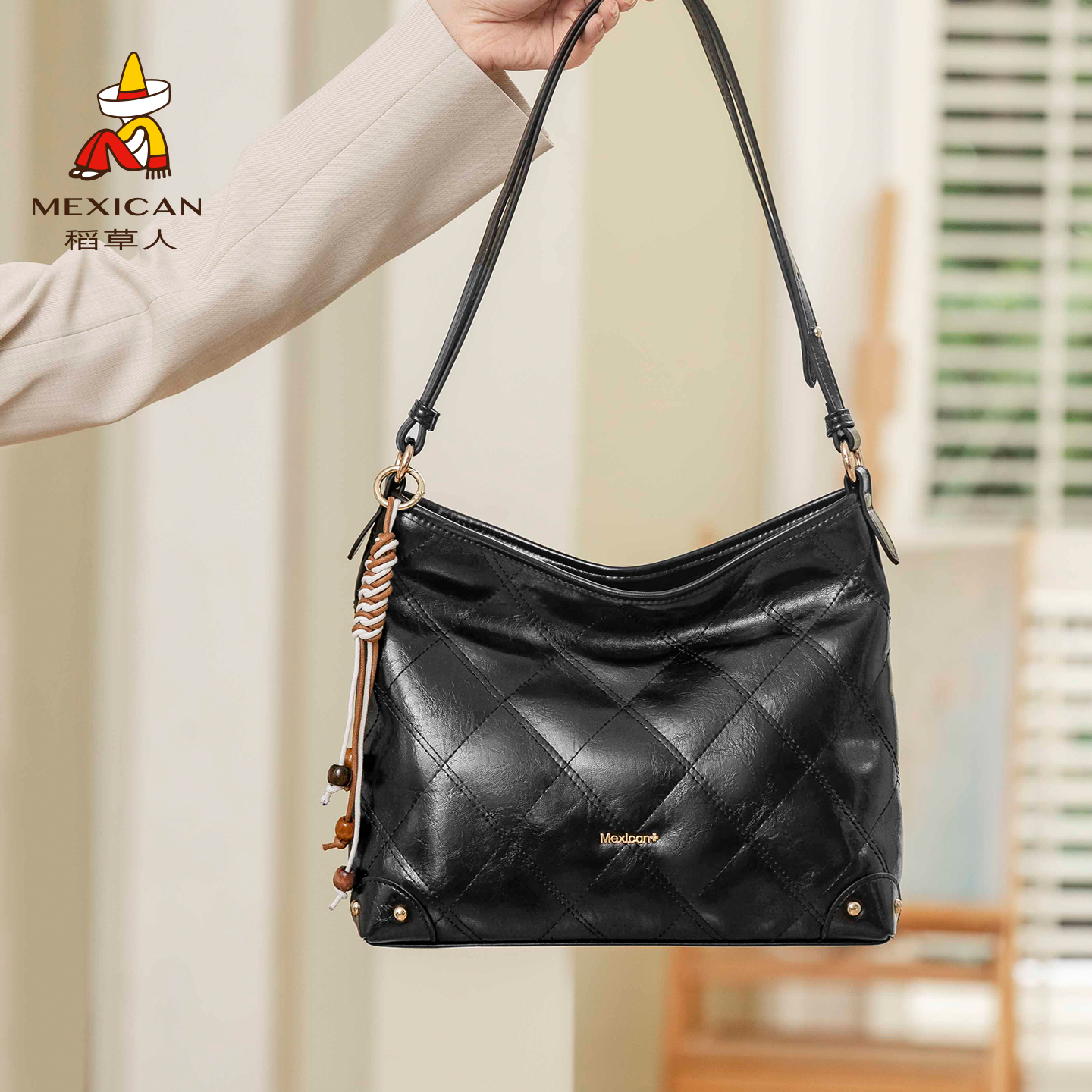 稻草人包包大容量时尚菱格水桶包