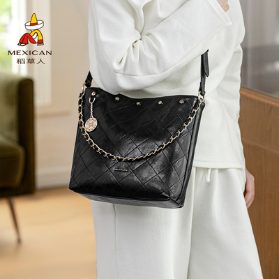 稻草人包包女2026新款时尚菱格水桶包休闲通勤包大容量单肩斜挎包