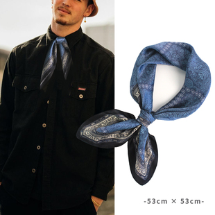 潮搭美式男士脖子小方巾系脖丝巾真丝护颈装饰蓝色秋冬缎面蚕丝女
