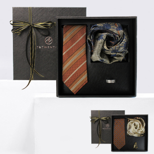 复古棕色真丝领带丝巾礼盒男vintage手打男士正装黄色桑蚕丝条纹