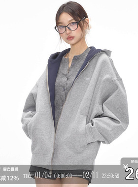 CODICE LAB 空气层复合灰色拼色连帽卫衣基础通勤显瘦上衣外套女