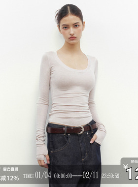 CODICE LAB 莱赛尔羊毛混纺U型领正肩修身微透显瘦长袖打底上衣
