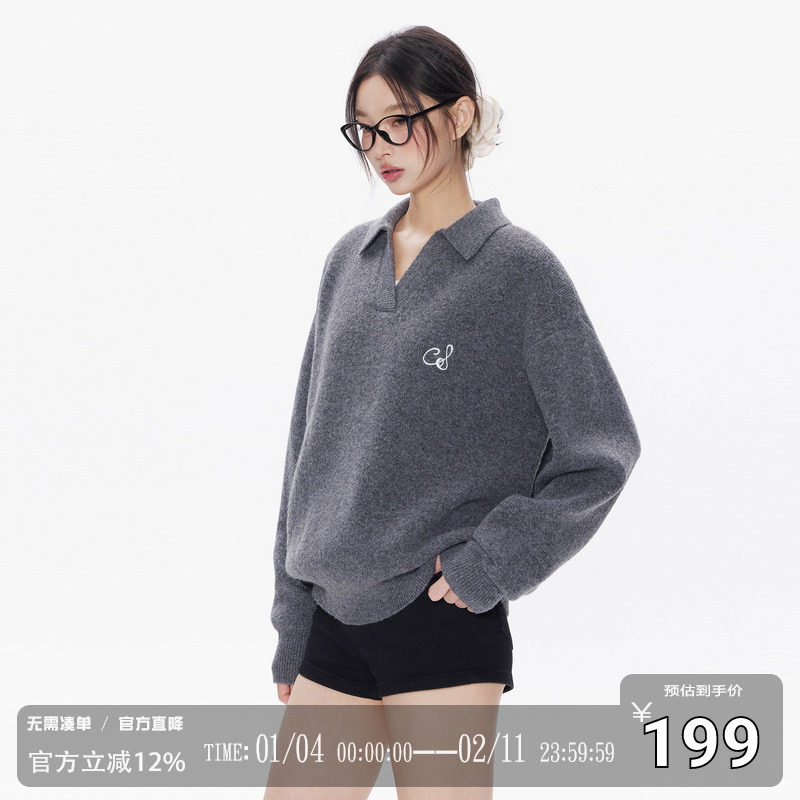 CODICE LAB圈圈纱V领毛衣秋冬季新款复古显瘦宽松保暖打底上衣