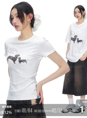 CODICE 美式复古腊肠小狗印花短袖T恤女夏季辣妹修身显瘦正肩上衣