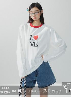 CODICE LAB 美式红色撞色爱心印花套头长袖T恤女秋季辣妹显瘦上衣