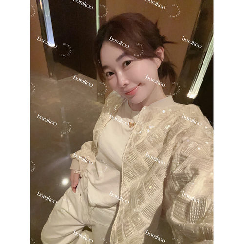 【BORAKOO】重工香槟色珠光亮片短款休闲夹克外套