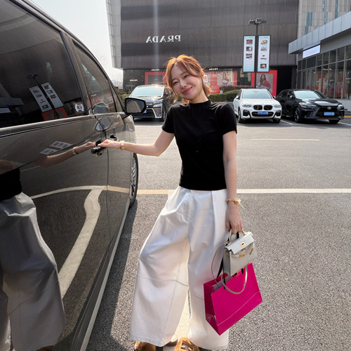 【BORAKOO】白色压褶九分阔腿裤休闲裤（后腰松紧）