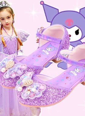 紫色库洛米女童公主鞋秋儿童高跟鞋漫画卡通女孩水晶鞋个性网红鞋