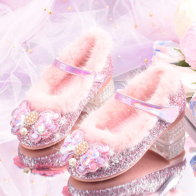 新款平底加绒女童单鞋毛毛鞋保暖儿童水晶鞋休闲豆豆鞋淑女皮鞋潮