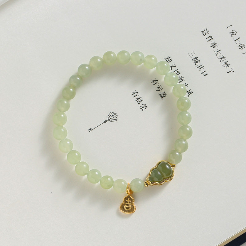 巴度天然和田玉珠子手链女招财福禄金镶玉葫芦古风S925银转运手串