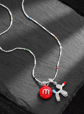 925纯银气球狗红色珐琅M豆吊坠项链女2026新款高级感轻奢小众45cm