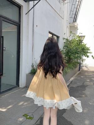 【WASEI水冰冰】甜美黄色格纹无袖连衣裙女夏小个子短款A字娃娃裙