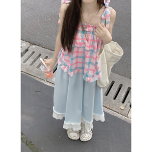 女夏设计感甜美短上衣 WASEI水冰冰 多巴胺蓝粉玫格纹吊带衬衫