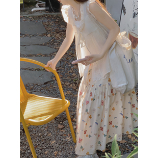 WASEI水冰冰 蝴蝶印花甜美半身裙女夏高腰宽松显瘦复古a字伞裙