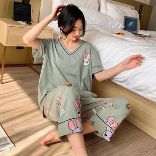 可外穿夏家居服睡衣胖MM女V领纯棉不起球加肥加大200斤6XL九分裤