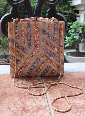 澳洲潮牌MIMCOART金属色Acrylic几何艺术镶嵌方盒包链条包斜挎包