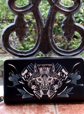 意大利克罗米娅黑色别致炫酷动物印花软牛皮长夹能装手机原350