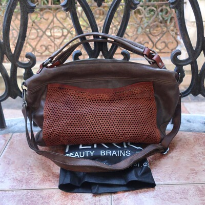 意大利Claudio Ferrici复古灰棕撞色进口镂空植鞣牛皮二用手提包