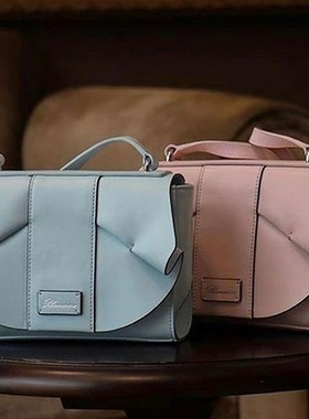 意大利蓝色marine客供粉紫色粒面头层牛皮花边装饰金属链条斜挎包