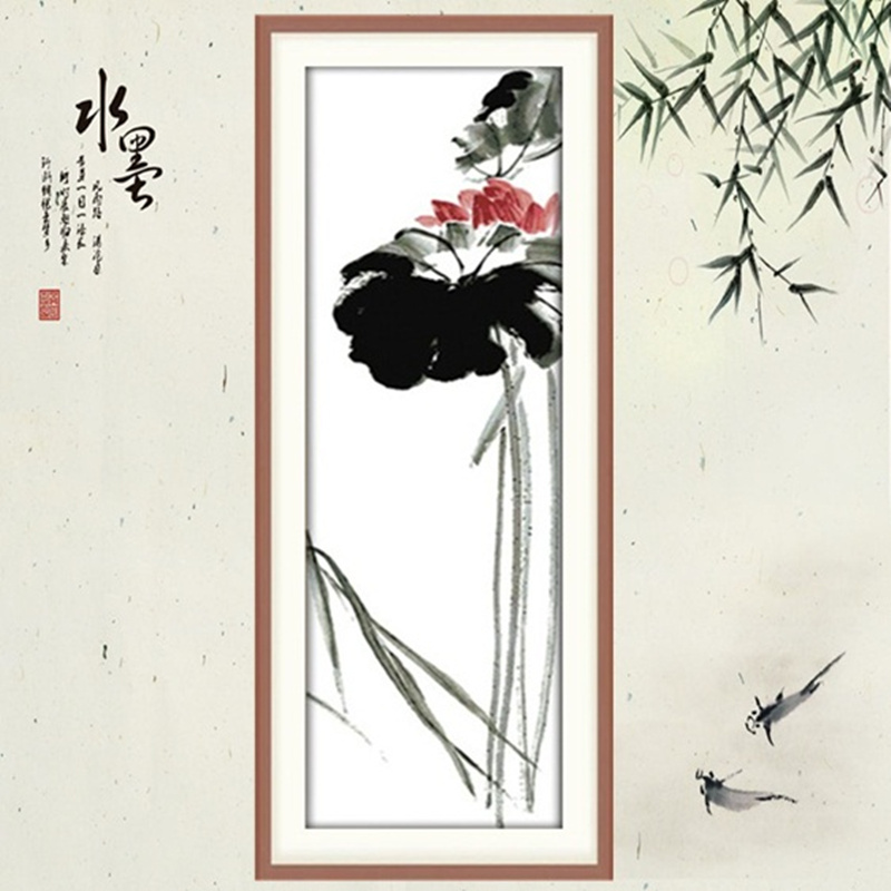 自己绣水墨荷花十字绣红荷国画竖版2025新款玄关长条莲花简单绣