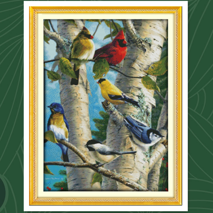 自己绣白桦树上的小鸟十字绣2024新款动物线绣满绣小格油画款刺绣