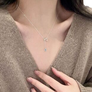 气质新款链简约简约锁骨批发水滴小众链设计感百搭蓝钻项链流苏