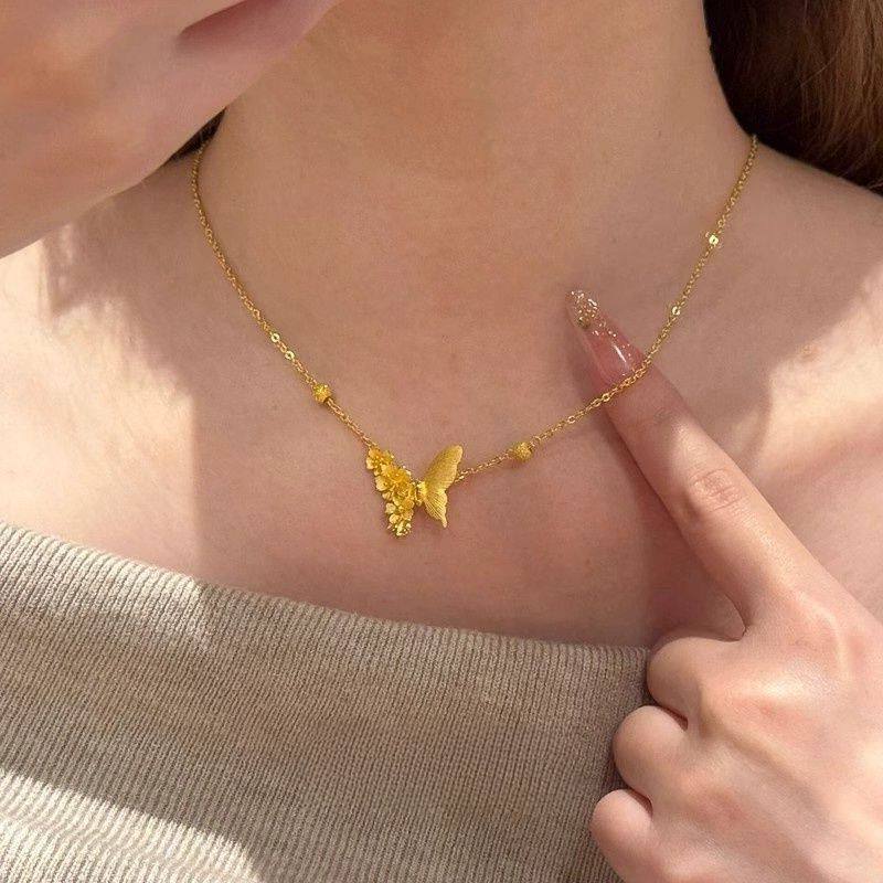 蝴蝶半花吊坠中珠黄金金色古风哑光拉丝项链复古链新款批发锁骨半