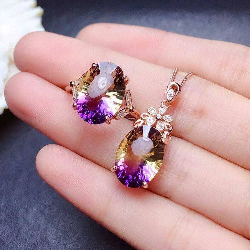 彩宝奢华项链女士紫水晶璀璨蛋形吊坠新款戒指黄晶火彩碧玺紫复古