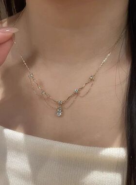 水滴新款拉丝精致锁骨项链流苏颈链锆石璀璨百搭高级女轻蓝奢小众