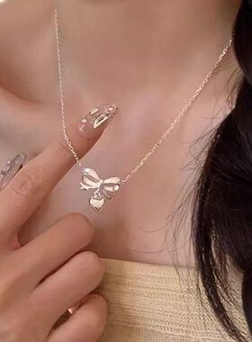 甜美锁骨链轻奢新款蝴蝶结爱心项链高级感心女小众毛衣链少女精致