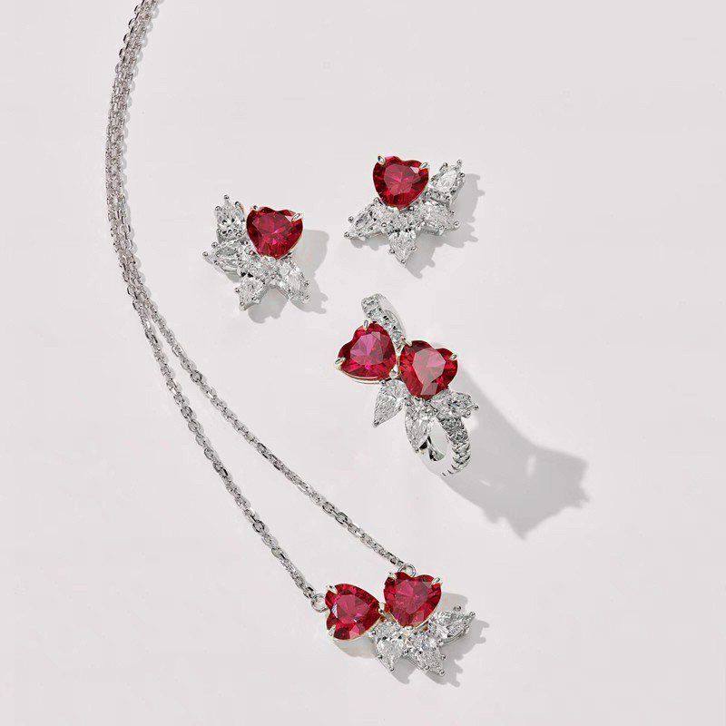 项链耳钉红戒指钻石桃刚玉套装鸽血新款爱心花珊珊同款红宝石心形