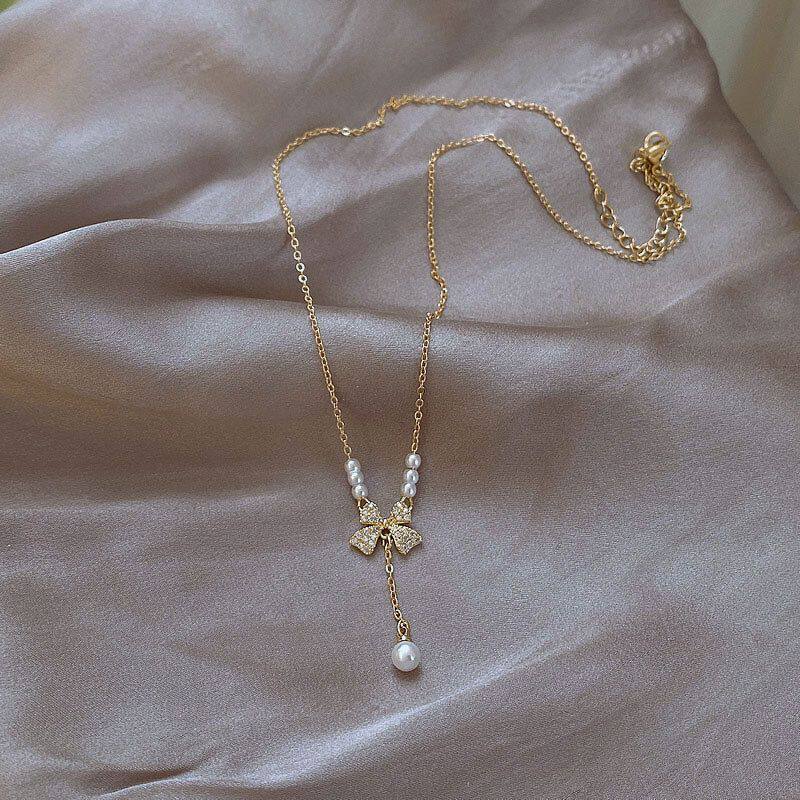 项链女感款锁骨镀女友轻奢礼物流苏新款链送时尚珍珠黄金蝴蝶色