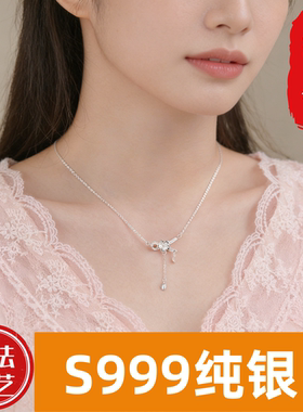 气质锁骨足银蝴蝶结链999花朵感