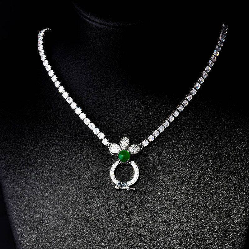 聚会奢华时尚白金镀翡翠碧玺珠宝玉项链锆石扣链仿真吊坠 批发18k