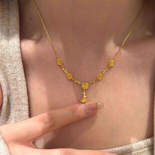 项链古法气质链枝新中式锁骨时尚复古百搭玫瑰花花朵沙金吊坠设计