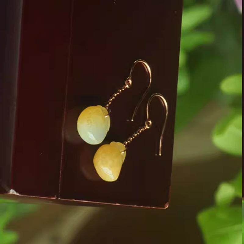 黄翡色福袋玉耳坠耳环 18K玫瑰金天然翡翠A货玉石耳饰耳线饰品
